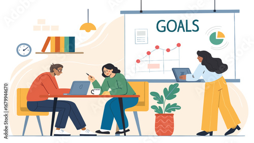 Team members collaborate on laptops in a vibrant office, discussing strategies to achieve business goals displayed on a whiteboard. Ideal for corporate growth.