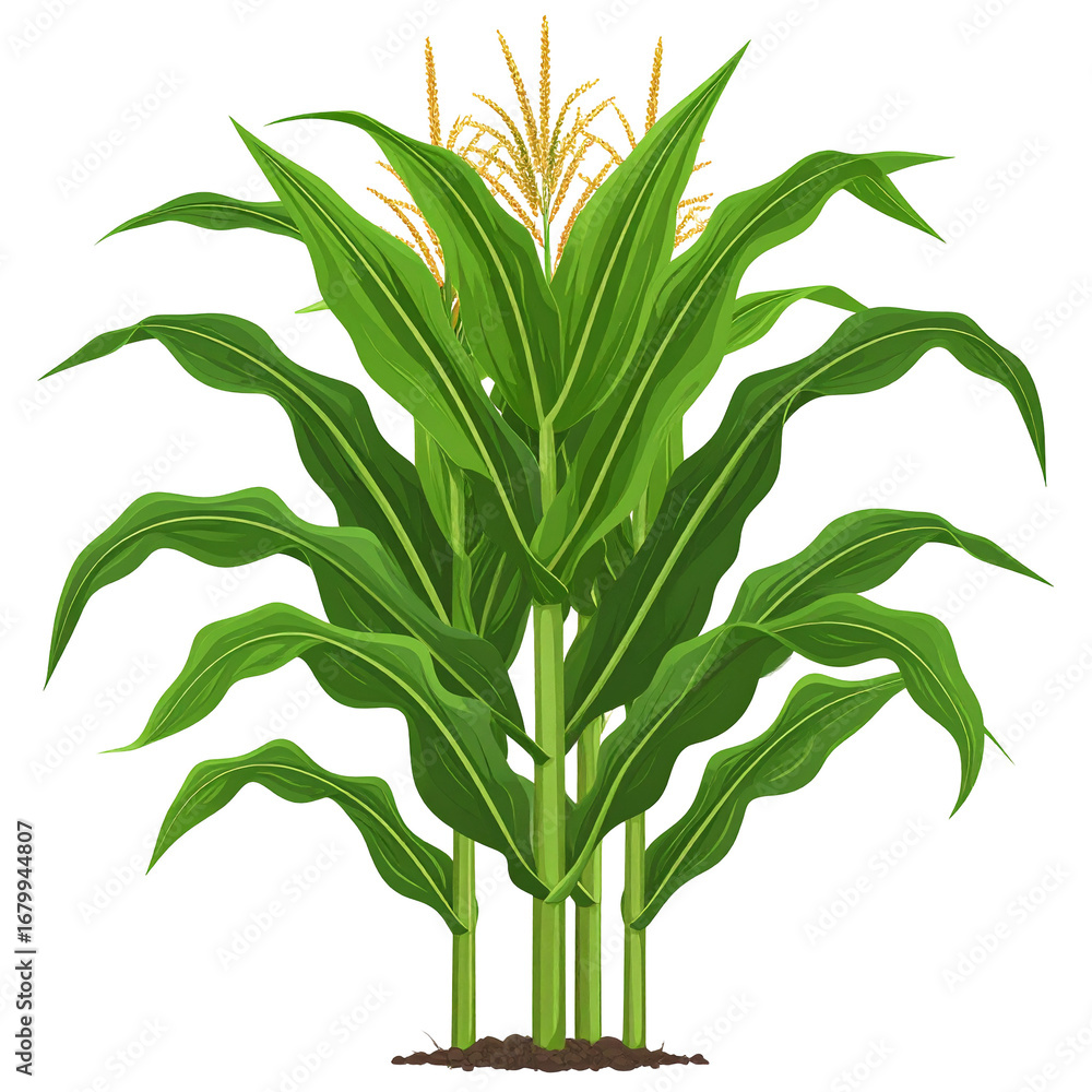 Fototapeta premium Tall corn stalks with green leaves and tassels against a black background
