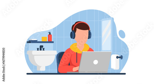 Focused person with headphones diligently working on a laptop in a bathroom. Represents remote work, privacy, or finding a quiet space for productivity in a home environment.