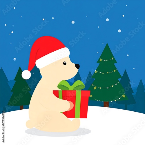 Cute polar bear wearing a Santa hat holding a Christmas gift in a snowy forest.