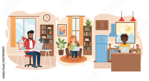 Working from home concept with diverse people using laptops in different cozy domestic settings, highlighting modern work flexibility and telecommuting.