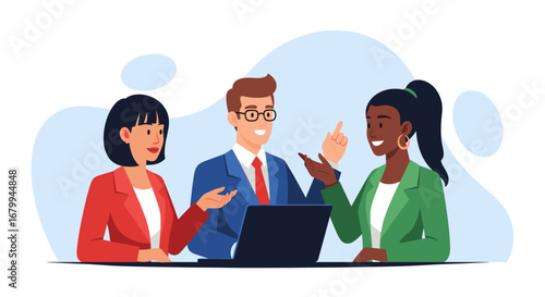 Diverse business professionals collaborating and discussing ideas in a modern office setting. Ideal for themes of teamwork, innovation, and strategic planning.