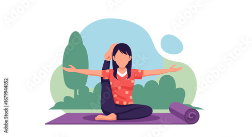 Woman in a balanced yoga pose on a mat in a serene outdoor setting, representing health, fitness, and mindful living.