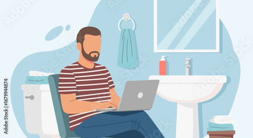 Bearded man focused on his laptop while sitting in a bathroom, depicting remote work flexibility, unconventional office spaces, and modern productivity.