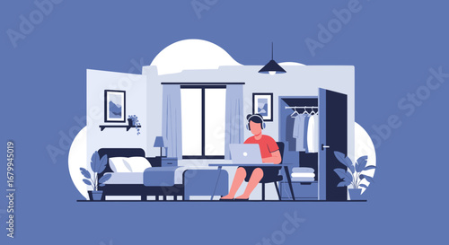 Person working remotely from home in a comfortable bedroom setup. Ideal for concepts of productivity, freelance work, or digital nomad lifestyle.