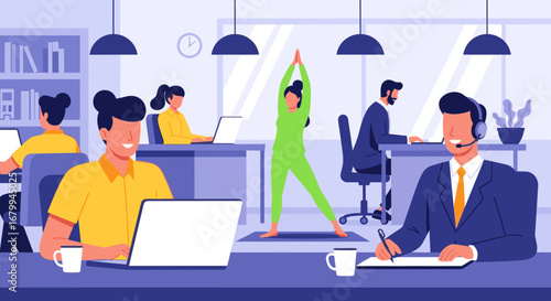 Busy open-plan office with professionals working, while one practices yoga for stress relief and wellness. Modern workplace culture and work-life balance.