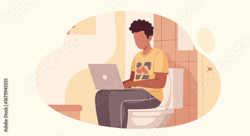 Young man working on a laptop while sitting on a toilet. Illustrates remote work, multitasking, and personal time.