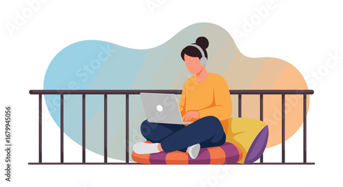 Woman with headphones focused on laptop, working remotely or studying on a balcony. Represents flexible work, online education, and modern lifestyle.