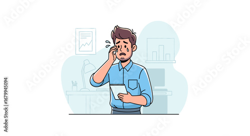 Distressed businessman crying, wiping tears while holding a tablet in an office. Portrays stress, bad news, or professional failure.