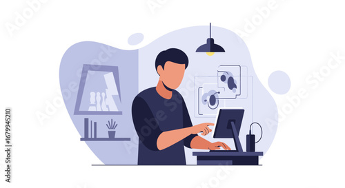 Man working diligently at his computer in a modern home office, symbolizing productivity, remote work, and digital communication.