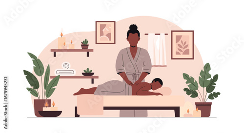 African American therapist performing a relaxing back massage in a serene spa. Promotes wellness, relaxation, and self-care for a healthy lifestyle.