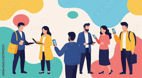 Diverse people connect and communicate using modern technology, illustrating networking, digital interaction, and contemporary business or social concepts.