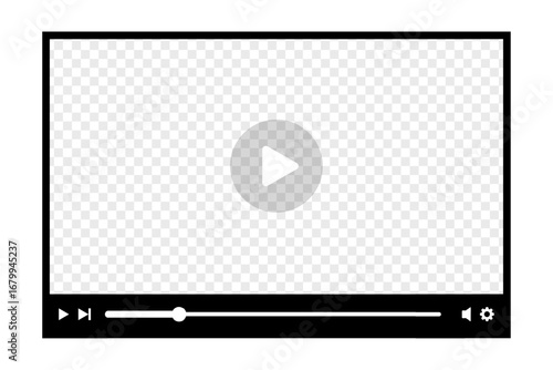 Video player template. Online movie layout with play button on screen, buttons and loading slider bar. Multimedia app window design. Vector graphic illustration.