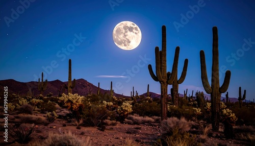 Desert night scene under a full moon