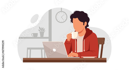 Illustration of a person working remotely on a laptop, enjoying a coffee break in a casual home office setting. Represents productivity, online learning, and flexible work lifestyle.