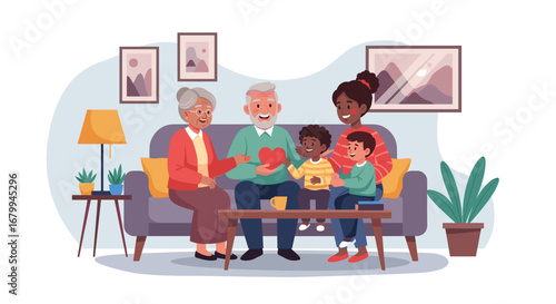 A diverse multi-generational family shares a loving moment on a sofa at home, depicting strong family bonds, care, and happiness. Ideal for themes of support, parenthood, and heartwarming connections.