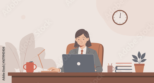Dedicated businesswoman on laptop at a tidy desk, representing remote work, productivity, and modern professional life in an office setting.