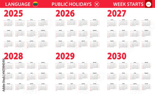 2025-2030 year calendar in Lithuanian language, week starts from Sunday.