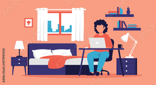 An illustration of a person working remotely on a laptop at a home desk in a bedroom setting, ideal for modern lifestyle and online business concepts.