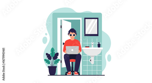 Person working remotely on laptop from a bathroom, illustrating challenges and adaptability of work-from-home. Concept for remote work privacy or unconventional office setup.