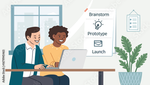 Two diverse colleagues collaborate happily on a project using a laptop in a modern office, symbolizing innovation, teamwork, and business development process.