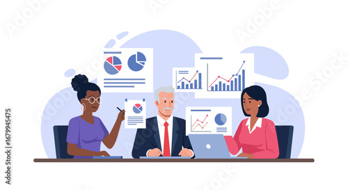 Diverse business team collaborating on data analysis, reviewing financial reports and growth charts during a professional meeting. Ideal for concepts of teamwork, strategy, and corporate success.