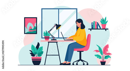 Woman working remotely on laptop in a cozy home office, surrounded by plants. Represents productivity, freelance work, and modern business lifestyle.