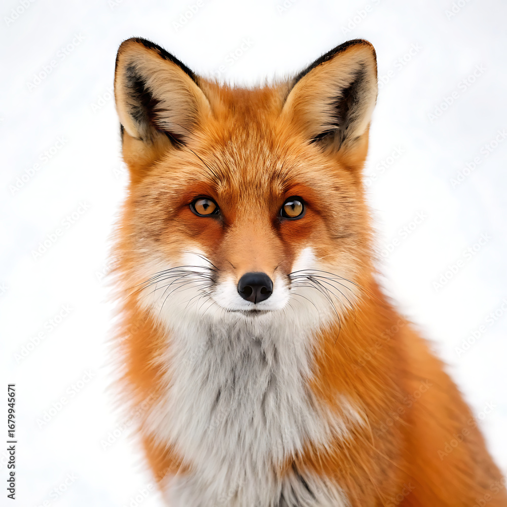 Fototapeta premium A close up portrait of a red fox with a white background looking directly at the camera with its ears up
