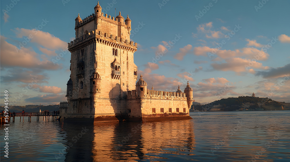 Fototapeta premium Belém Tower in Lisbon, Portugal, at sunset, reflecting in the water.