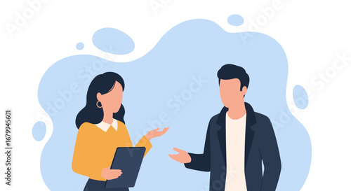 Business professionals having an engaging conversation, exchanging ideas and collaborating. Ideal for concepts of communication, partnership, and professional interaction.