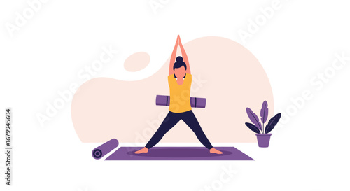 Woman practices yoga in a calm indoor setting, promoting health, balance, and mindfulness. Ideal for fitness, wellness, and lifestyle content.