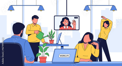 Modern office workers engaging in various activities: video calls, plant care, and stretching. Depicts work-life balance, well-being, and a flexible professional environment.