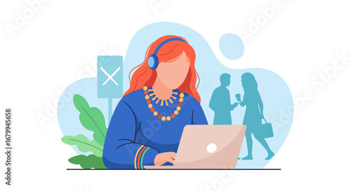 Professional woman with headphones working on a laptop, embodying remote work and digital communication. Ideal for online learning, customer support, or virtual assistance.