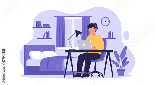 Man with headphones working on laptop at home desk in a cozy bedroom. Perfect for remote work, online education, or freelance concepts.