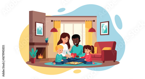 Happy diverse family playing a board game together in a cozy living room. Concept of family bonding, love, parenthood, and quality time at home. Ideal for lifestyle and parenting themes.