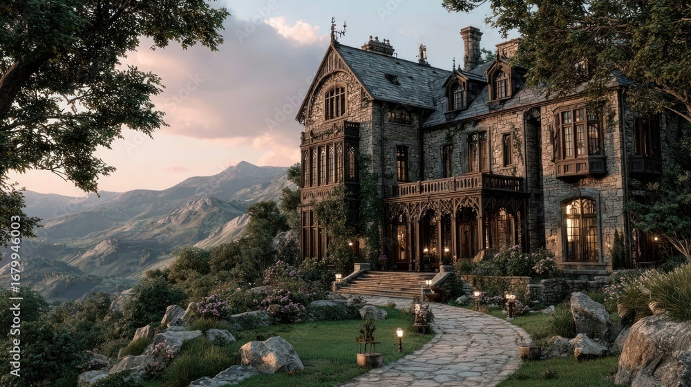 Fototapeta premium Majestic hillside manor with elaborate architecture, framed by manicured lawns and distant mountains