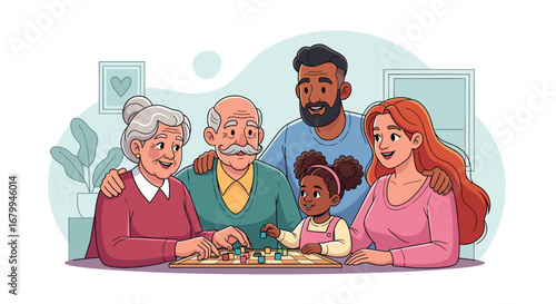 Happy multi-generational family playing a board game at home, fostering joy, connection, and quality time together. Perfect for lifestyle, family bonding, and leisure concepts.