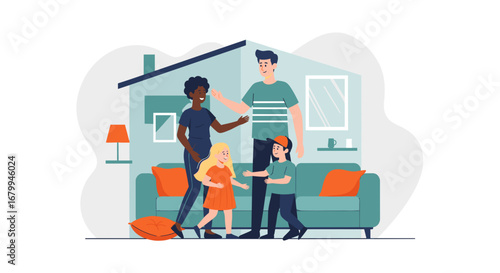 Happy diverse family with parents and two children joyfully interacting at home. Represents modern family life, care, and domestic comfort.