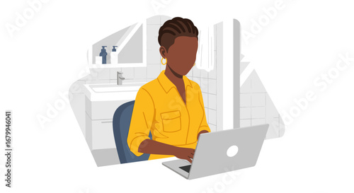 Focused Black woman working on a laptop in a modern home or office setting. Represents remote work, productivity, and contemporary business lifestyle.