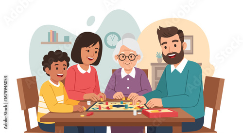 Happy multigenerational family enjoying a board game at home, fostering bonding and leisure. Perfect for family time and entertainment.