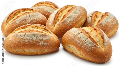 Mexican bolillo bread rolls, rustic golden crust, isolated on white, clean professional food shot