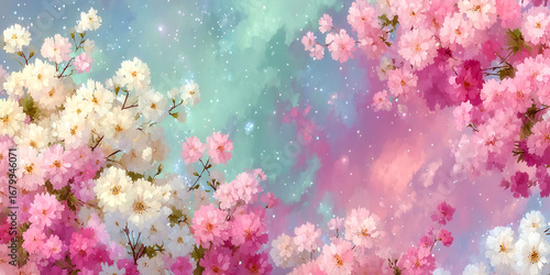 A beautiful painting of a field of pink flowers with a blue sky in the background. The flowers are in full bloom and the sky is filled with stars. The painting evokes a sense of peace and tranquility