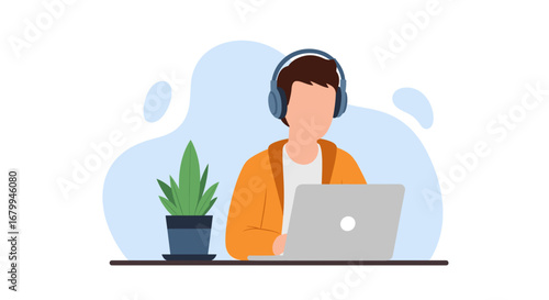 Young person with headphones working remotely on a laptop, surrounded by a calm, modern environment. Perfect for digital lifestyle, study, or communication.