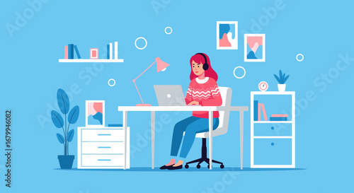 Focused woman with headphones working remotely on a laptop in a modern home office. Ideal for business, education, or freelance concepts.