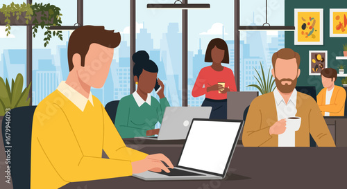 Diverse professionals work diligently in a modern, vibrant office with city views, using laptops and collaborating. Ideal for business, productivity, and corporate themes.