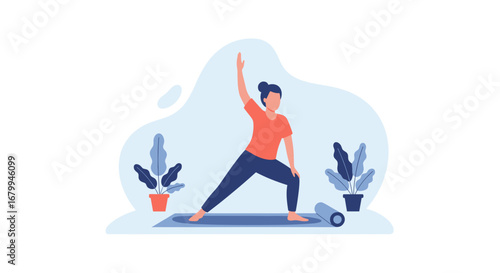 Woman practicing a yoga pose, demonstrating flexibility and balance in a peaceful indoor setting with plants. Represents wellness, healthy lifestyle, and mindful exercise.