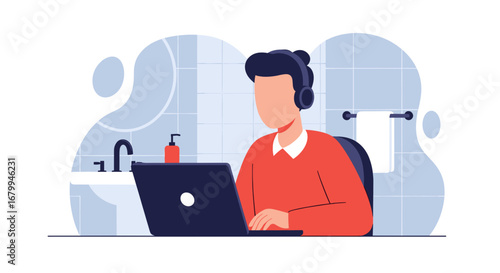 Person working remotely on laptop in an unconventional bathroom setting, wearing headphones for focus. Illustrates adaptable work-from-home or flexible office solutions.