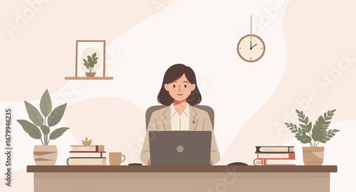 Professional woman working remotely on laptop in a modern, organized home office. Ideal for concepts of productivity, freelance, or online business.