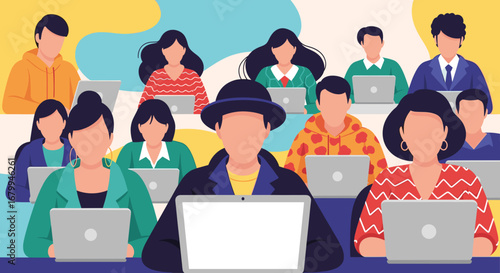 Diverse group of people working together on laptops in a modern, collaborative environment. Ideal for business, education, or technology concepts.