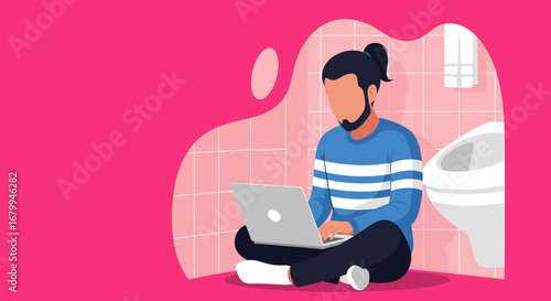 Man working on laptop in a bathroom, illustrating remote work challenges and modern productivity. Concept for business, lifestyle, or tech.